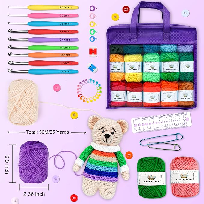 Inscraft Crochet Yarn Kit for Beginners Adults & Kids, Includes 1650 Yards 30 Colors Acrylic Skeins, Hooks, Purple Bag etc, Make Amigurumi & Crocheting Projects, Starter Set for Professionals