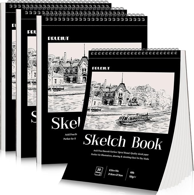4 Pack Sketch Books 8.5 × 11 in, Top Spiral, 30 Sheets Each, Drawing Pad | 68Lb/100gsm Acid-Free Paper, Smooth for Pencil, Charcoal & Pastel, Hard Backing for Travel & Class