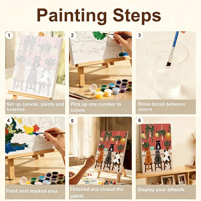 Gemozaic Framed Paint by Numbers Kit for Adults, Funny Cats Shop, 8x12 in | Cat Paint by Number for Adults Beginner with Frame & Easel, Easy DIY Acrylic Painting by Numbers for Home Wall Decor, Gift