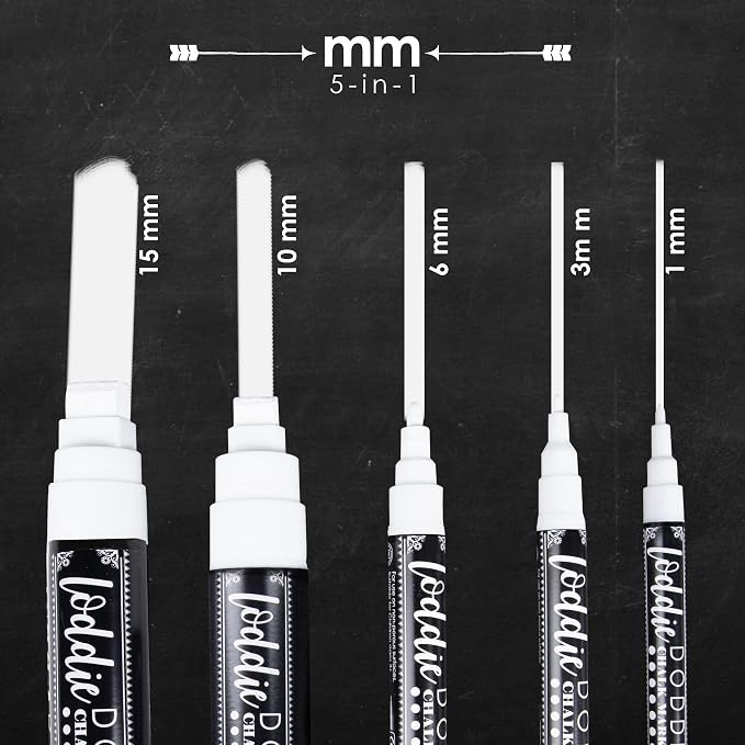 Loddie Doddie Chalk Markers, 1-15mm Tips, Windows & Glass, White, 5 Pack | 1-15mm Tips for Fine Detail & Bold Strokes, Works on Blackboard, Mirror & Whiteboard, White Chalk Pen, Wipes Clean with Water