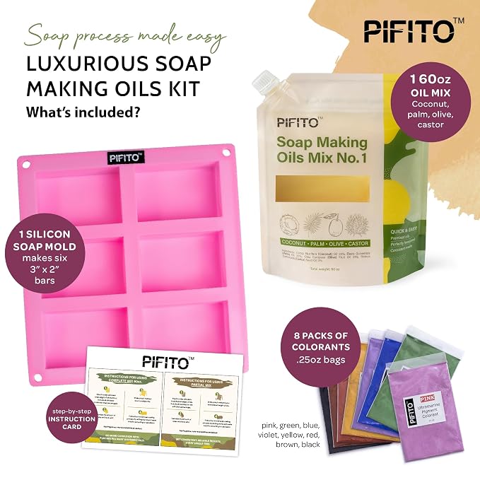 Pifito Cold Process Soap Making Kit │ Oils Mix No. 1 60 Oz Blend of Pre-Measured Oils, 8-Pack Colorants Sampler, Mold and Instructions. DIY Soap Making Supplies