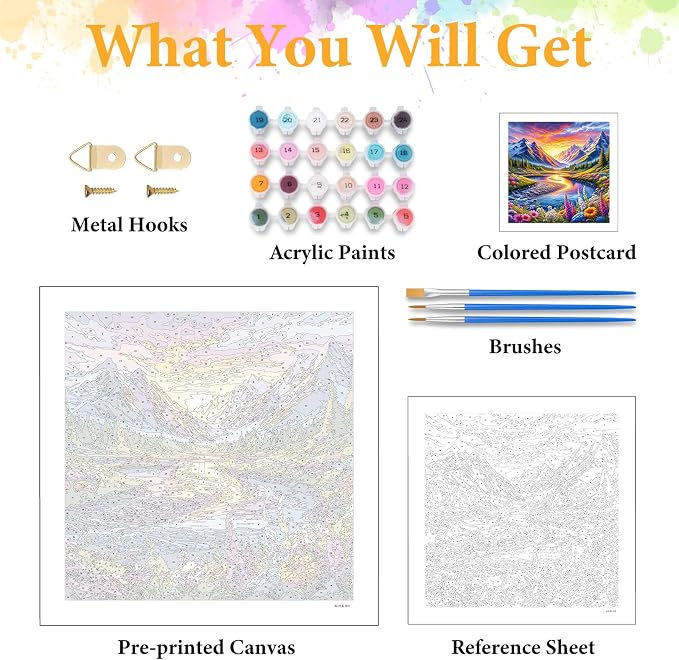 Paint by Numbers Kit for Adults, Mountain River & Wildflower, 16x16 Inch