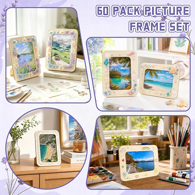 VOKOY 60 Pack Wooden Picture Frames for Crafts, DIY Wood Craft Picture Frames Bulk for 4" x 6" Photos,Unfinished Standing Photo Frames DIY Crafts Wood Decorate for Birthday Party Gifts