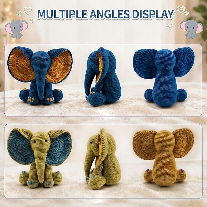 JYZJDKE Crochet Kit for Beginners Adults - DIY Amigurumi Elephant Knitting Starter Kit with Yarn Sets, Crochet Animal Kit Cute Stuffed Animal Craft Birthday Gifts (Dark Blue+Ginger Elephant)