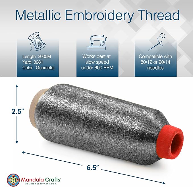 Mandala Crafts Metallic Gunmetal Embroidery Floss for Sewing, 3281 Yard Spool