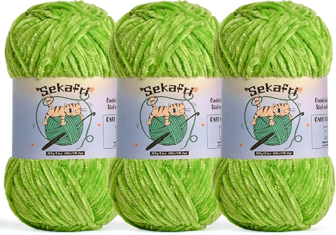 3 Pack of 300g (590yds) Fuzzy Chenille Yarn for Crocheting,Fluffy Amigurumi Crochet Yarn for DIY Craft/Hat/Clothes, Soft Velvet Baby Blanket Yarn（3 Lime Green）