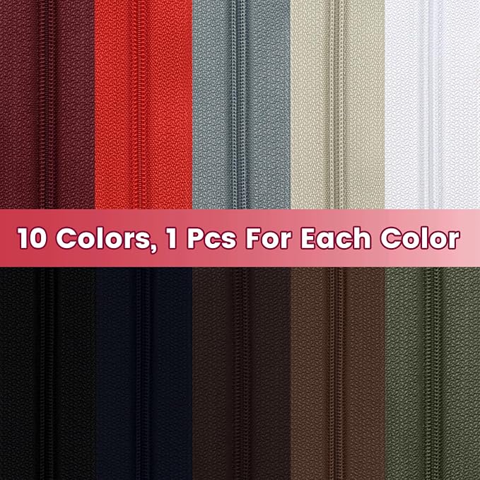 DOITEM 31 Yards 10 PCS Sewing Zippers #3 Nylon Coil Zippers Assorted Zipper for Sewing with 40 Zipper Sliders for DIY Tailor Sewing Crafts Supplies, 10 Colors