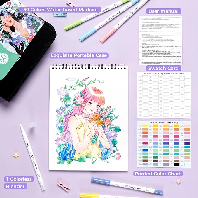 Ohuhu Adult Coloring Book Markers Paper-friendly Water-Based 60 Colors-Pupe