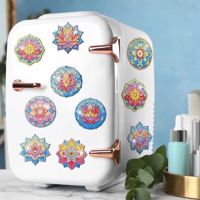 Zonon 12 Pcs Diamond Art Magnets Lotus Mandala Painting Kit Fridge Decor | DIY Diamond Painting Magnetic Stickers, Arts Crafts Kit for Adults, Refrigerator Home Decoration, Colorful Mandala