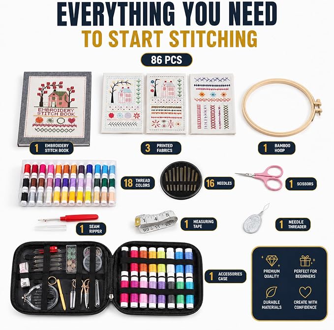 Embroidery Kit for Beginners | Video Tutorial, 3pcs Hoops, 106 Patterns, 65 Water Soluble Designs, 86PCS Sewing Supplies Set | Cross Stitch Book Kit | DIY Needlework Starter Craft Gift for Adults