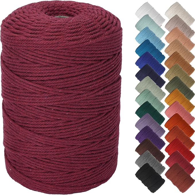 NOANTA Wine Red Macrame Cord 3mm x 328yards, Cotton Rope Macrame Yarn | Macrame Rope Supplies, 3 Strand Twisted Cotton Yarn String, Cotton Cord for Wall Hanging, Plant Hangers, Crafts, Knitting