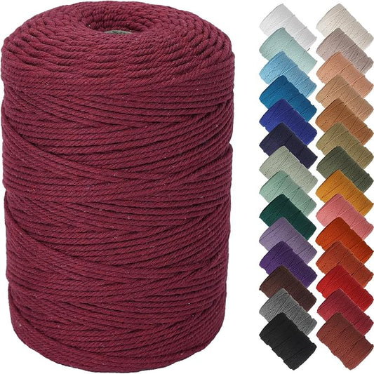 NOANTA Wine Red Macrame Cord 3mm x 328yards, Cotton Rope Macrame Yarn | Macrame Rope Supplies, 3 Strand Twisted Cotton Yarn String, Cotton Cord for Wall Hanging, Plant Hangers, Crafts, Knitting