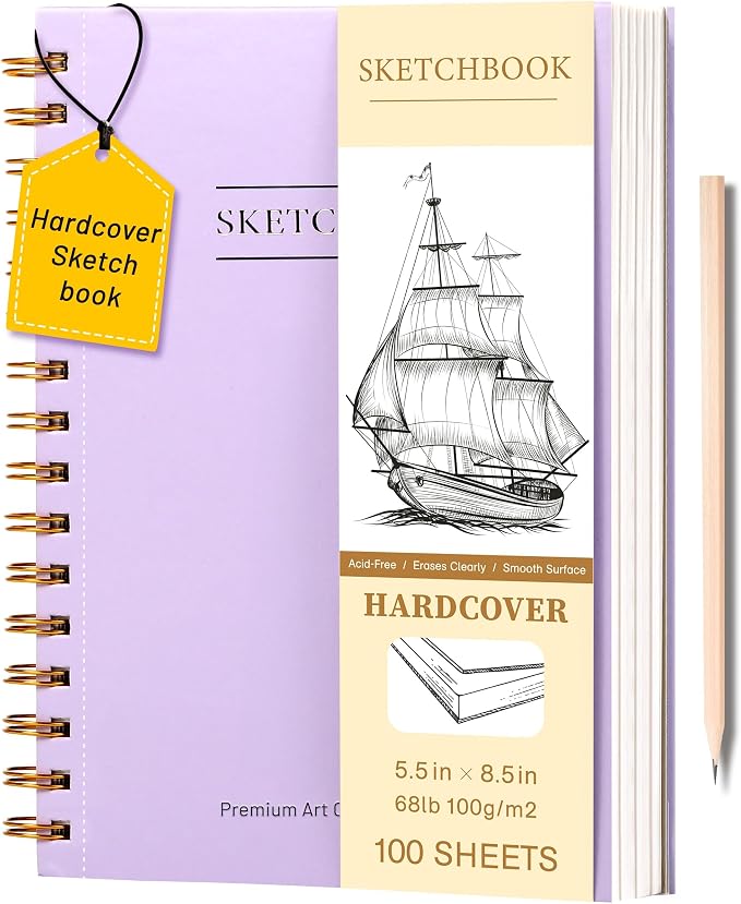 Yoment Small Sketch Book 5.5"x8.5",Mini Sketchbook,Spiral Bound,100 Sheets | Purple,68 lb/100gsm Hardcover Sketch Pad for Kids,Art Sketchbook Drawing Pad Book with Pencil,For Kids, Beginners,Artists