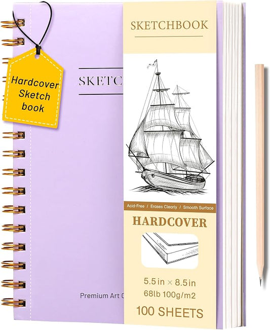 Yoment Small Sketch Book 5.5"x8.5",Mini Sketchbook,Spiral Bound,100 Sheets | Purple,68 lb/100gsm Hardcover Sketch Pad for Kids,Art Sketchbook Drawing Pad Book with Pencil,For Kids, Beginners,Artists