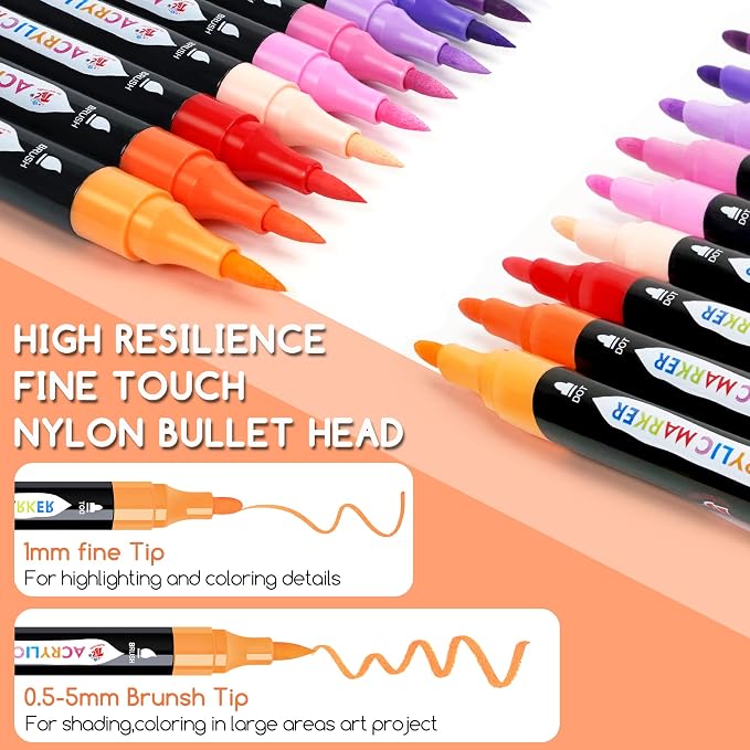 TBC The Best Crafts Acrylic Paint Markers, 24 Colors Dual Tip Pen | Waterproof, Non-Toxic for Rock Painting, Wood, Glass, Ceramic, Fabric – Art Supplies for Artists & Hobbyists