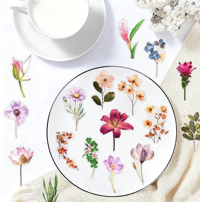 Transparent Flower Stickers 50Pcs for Scrapbooking PET Nature Plant Sticker Floral Stickers Colorful Vintage Craft Sticker for Journaling Scrapbooking Clear Flowers Decals(Colourful-F7)