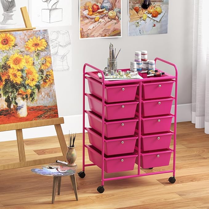 Giantex 10 Drawers Rolling Cart, Classroom Organizers, Storage Cart with Wheels, for Teacher Office Home School Supplies Tool Craft Art Paper, Hot Pink