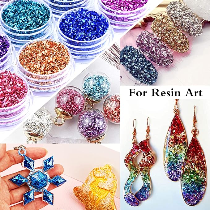 48 Box Crushed Glass Craft Glitter Fine for Resin Art, Small Broken Glass Pieces Irregular Metallic Crystal Chips Chunky Flakes Sequins for Nail Arts DIY Vase Filler Epoxy Jewelry Making Decoration