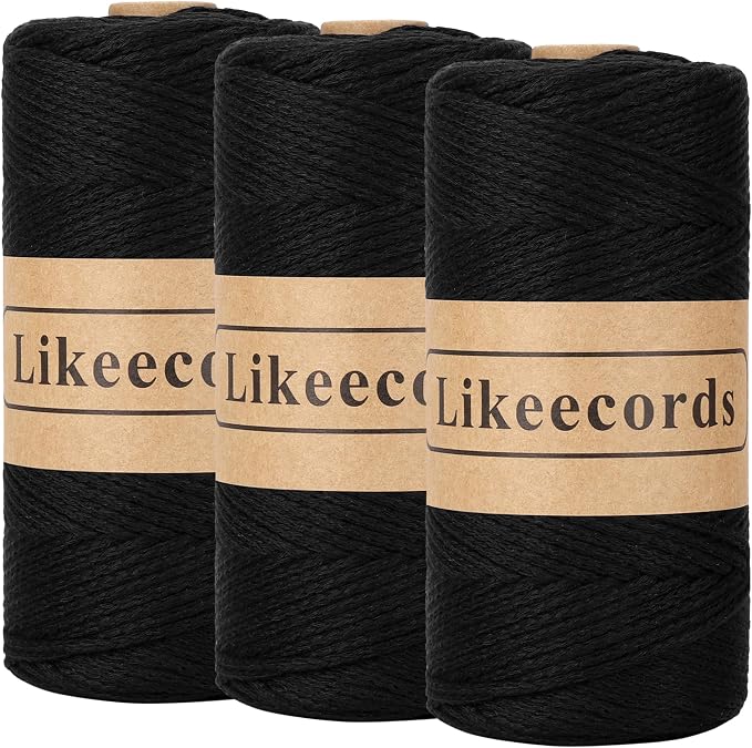 Likeecords 100% Cotton Crochet Yarn for Bag,3 Rolls/Pack 2mm x 510m,Macrame Cord,Chunky Yarn for Crocheting Handbag, Purse,Blankets Crafts Projects (Black-3)