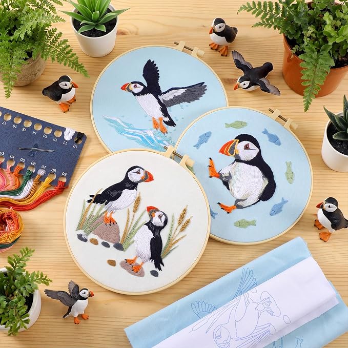 Mindsoft 3 Set Needlepoint Kit for Beginners with Hoop,Sea Bird | Bamboo Hoop Thread Needles Instructions, Easy Hand Embroidery for Beginners Home Crafts,Pre-stamped Funny Cute Designs