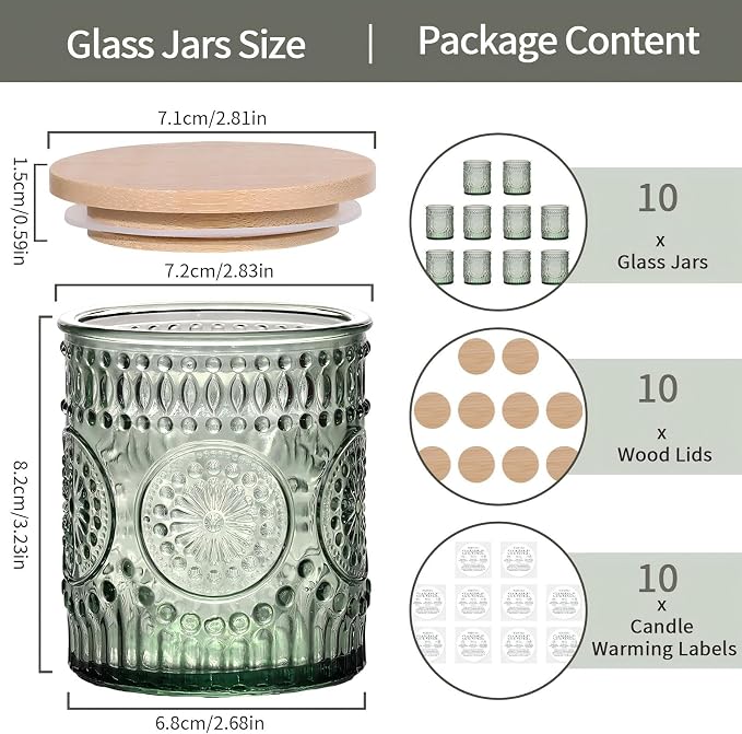 DARJEN 10 Pcs 8oz Glass Candle Jars with Lids, Candle Tins-Green | Premium Thick Glass, Secure Wooden Lids- Candle Jars for DIY Candle Making, Stunning Sunflower Design