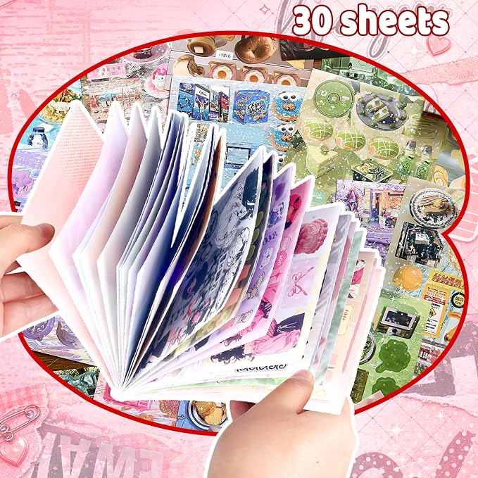 Tmtains 30 Sheets Japanese Manga Style Sticker Book 650+Pcs Heisei Retro Cute Theme Books Style Korean Sticker Aesthetic Japanese Stickers Book for Adults Scrapbooking Notebook Supplies (Girl Journal)
