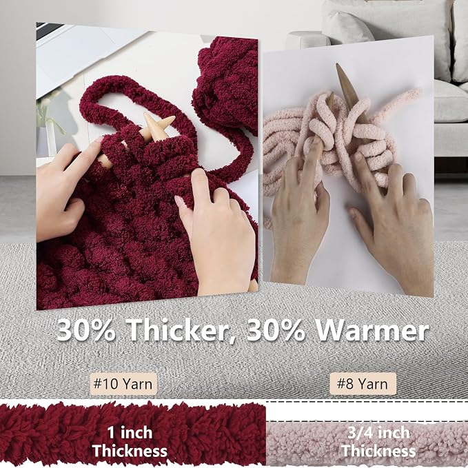Cozyful Chunky Yarn for Hand Knitting - #10 Chunky Chenille Yarn, Jumbo Big Thick Chunky Yarns for Crocheting, Super Bulky Chunky Knit Blanket Yarns, 8 Skein (22 yds 8 oz Each Skein), Burgundy