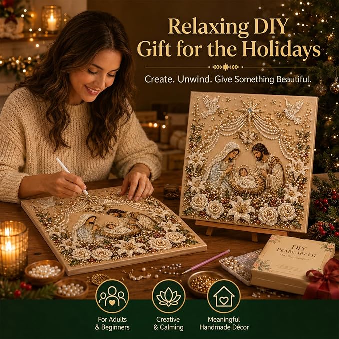 DIY Christmas Pearl Diamond Painting Kit, 5D Pearl Art Craft for Adults and Beginners, Christmas Church and Jesus Wall Decor, Holiday Gifts, 12 x 12 Inch (Jesus Design A)