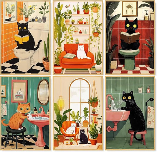 6 Pack Paint by Numbers Kit for Adults, Black Cats Canvas Painting Set | 8x12 Inch, DIY Acrylic Painting Craft Kit for Beginners without Frame, Relaxing Creative Hobby, Home Wall Decor, Gift