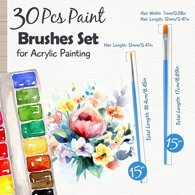 Halobios Paint Brushes Set for Acrylic Painting, 15 Pcs Flat and 15 Pcs Round Art Paint Brush Acrylic Painting Brush, Paint Brushes for Kids Adults Oil Watercolor Rock Painting Body Face Nail Art