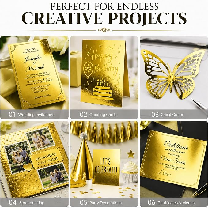 25 Sheets Bright Gold Mirror Cardstock Paper 8.5 x 11 Metallic Shimmer Sheets 250gsm/92lb Heavyweight Scrapbook Paper for Certificates, Invitations, Greeting Cards, Crafts, Graduations