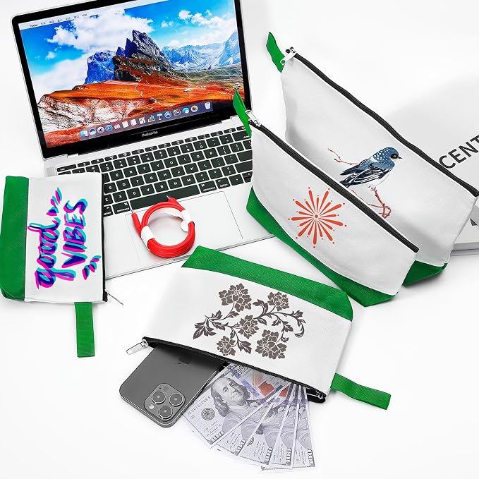 10 Pieces Cotton Canvas Makeup Bag with Bottom and Strap, Multi-Purpose Cosmetic Bag with Zipper Travel Toiletry Pouch, Blank DIY Craft Bag (White&Green, L)
