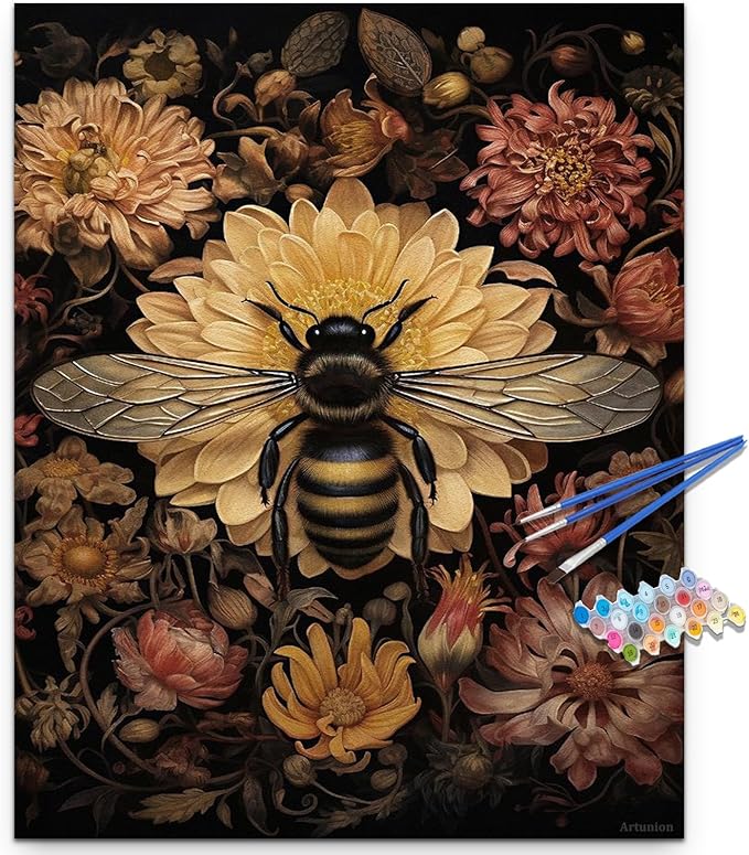 Artunion Bee Paint by Numbers Kit for Adults,Flower Paint by Number Kits, DIY Oil Painting Paint by Number Kits on Canvas Arts Craft for Home Wall Decor 16x20 Inch