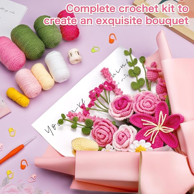 Iuuidu Crochet Kit for Beginners, Rose-Pink Flower Bouquet Crochet Kit