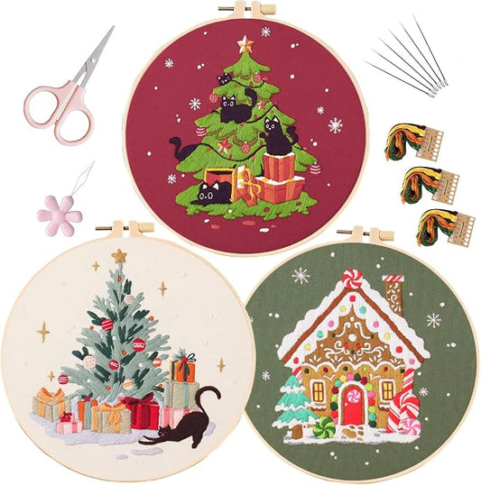 LB Christmas Embroidery Kit for Beginners Adults, 3 Sets Hand Embroidery Starter Kit with Black Cat Pattern and Instructions Stamped Cross Stitch Kits Include Embroidery Hoop Needles Threads Scissors