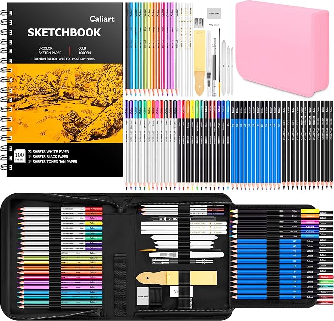 Caliart 176PCS Art Supplies Sketching Kit, 100 Sheets 3-Color Sketch Book | Graphite Colored Charcoal Watercolor & Metallic Pencils, Drawing Supplies Set Gifts for Artists Adults Beginners