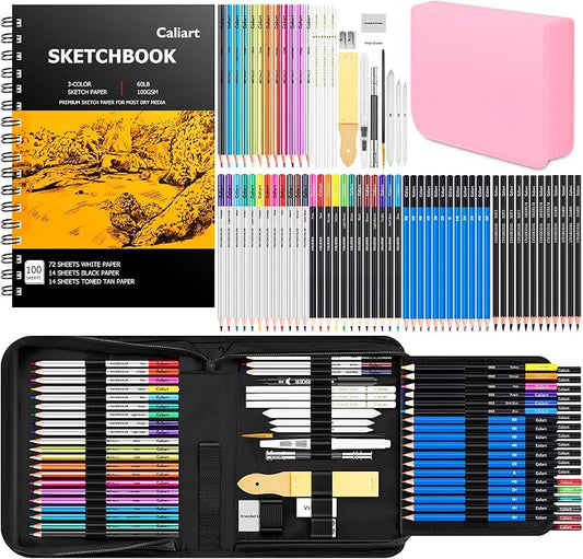 Caliart 176PCS Art Supplies Sketching Kit, 100 Sheets 3-Color Sketch Book | Graphite Colored Charcoal Watercolor & Metallic Pencils, Drawing Supplies Set Gifts for Artists Adults Beginners