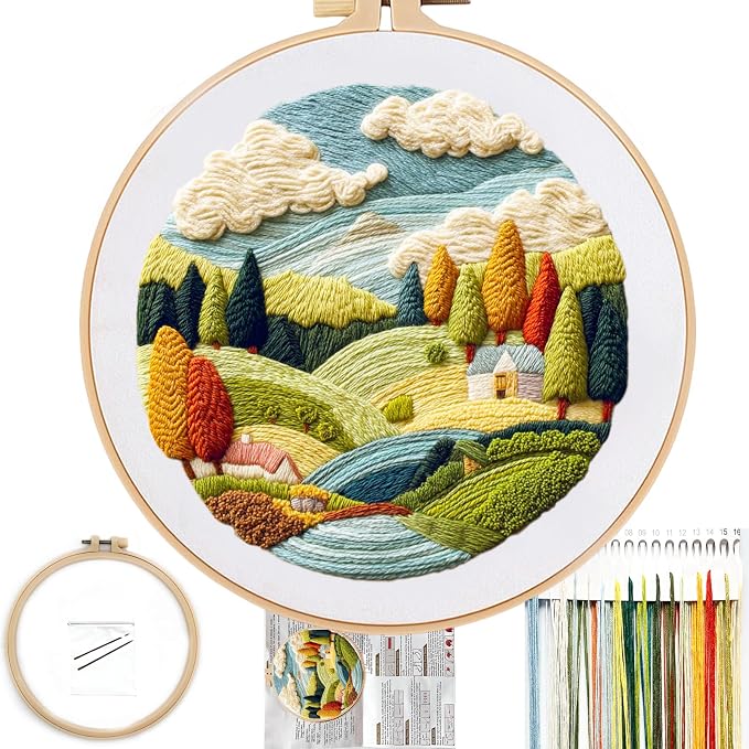 FONNUY Embroidery Kit for Beginners, Nature Hills Landscape Pre-Stamped Pattern Kits for Adults with Hoop, Easy to Follow Color Thread Needlework, 8'' Hoop (Scenic)