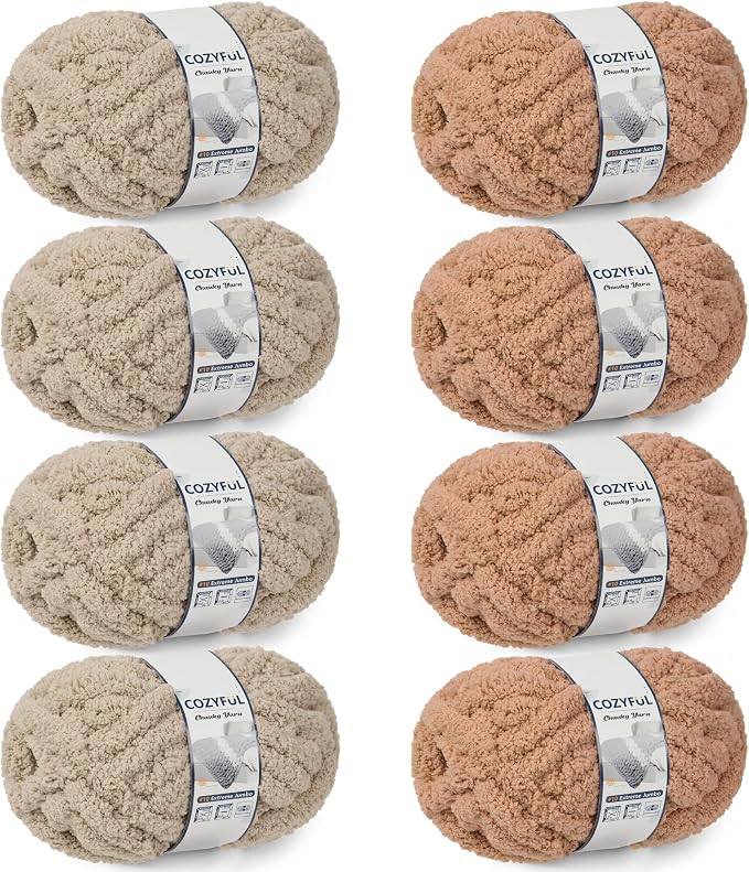 Cozyful Chunky Yarn for Hand Knitting - #10 Chunky Chenille Yarn, Jumbo Big Thick Chunky Yarns for Crocheting, Super Bulky Chunky Knit Blanket Yarns, 8 Skein (22yd, 8oz/Skein), Khaki & Coffee
