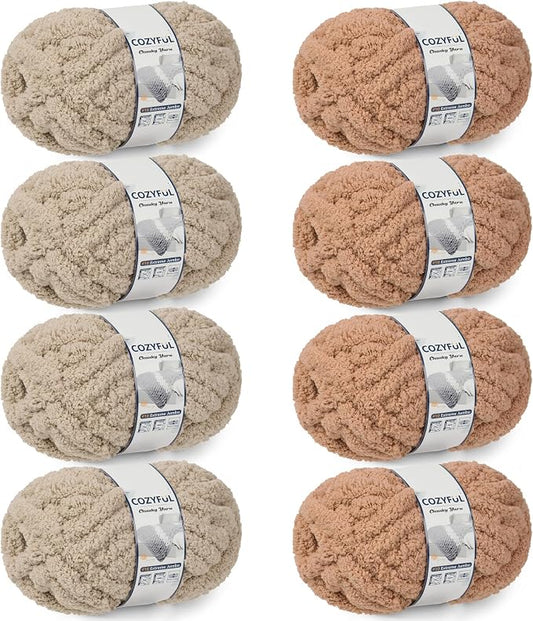 Cozyful Chunky Yarn for Hand Knitting - #10 Chunky Chenille Yarn, Jumbo Big Thick Chunky Yarns for Crocheting, Super Bulky Chunky Knit Blanket Yarns, 8 Skein (22yd, 8oz/Skein), Khaki & Coffee