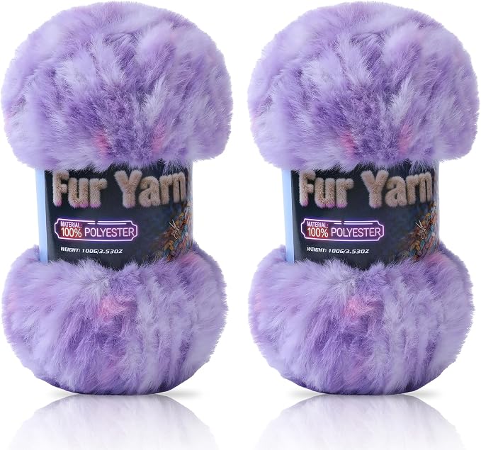 Faux Fur Yarn Soft Fluffy for Crocheting - 2 Skeins(Each 3.5oz/100g, 71yd/65m) - Chunky & Fluffy Yarn for Crochet Amigurumi, Blankets, Hand Knitting, Scarves &Crafts (2, Colorful Purple)