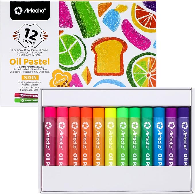Artecho Neon Oil Pastels Set of 12 Colors (8 x 60 mm) | Soft Oil Pastels, For Art Painting, Drawing, Blending, For Artists, Beginners, Students, Teachers