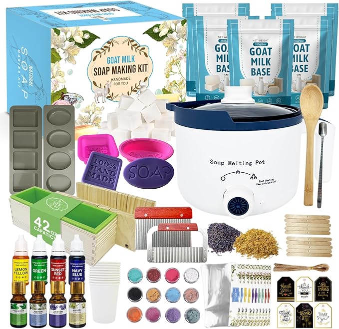 PIUH Premium Goat Milk Soap Making Kit with Soap Melter for Adults DIY Soap | All in One Soap Making Supplies Kit with Natural Goats Milk Soap Base, Soap Melting Pot and Complete Supplies for Making Soap