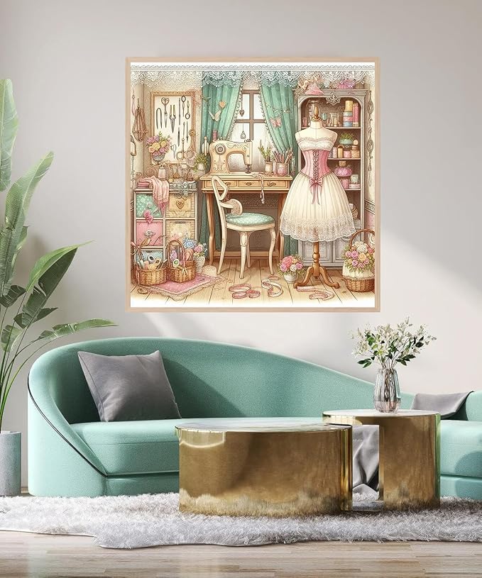 Accompany Wind Sewing Room Diamond Art Kits for Adults, Sewing Machine Diamond Painting Kits for Beginners,5D DIY Round Full Drill Diamonds Gem Art Crafts for Home Wall Decor Gifts 14x14 Inch