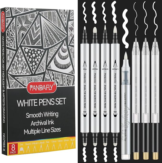 PANDAFLY 8 Pack White Pens Set, White Gel Pens, Dual-Tip Acrylic Paint Pens