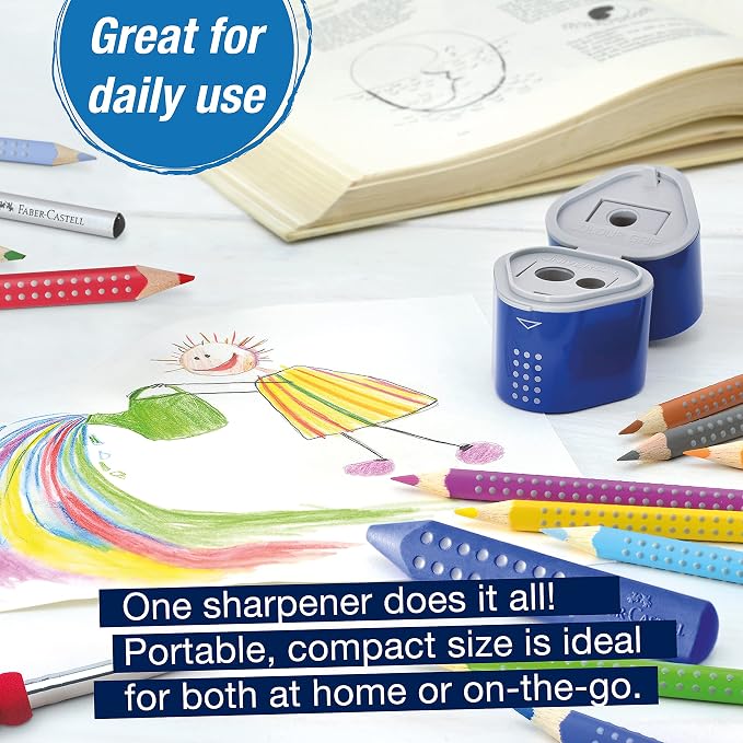 Faber-Castell Grip Trio Manual Pencil Sharpener (Red or Blue) - Graphite, Jumbo and Colored Pencil Sharpener