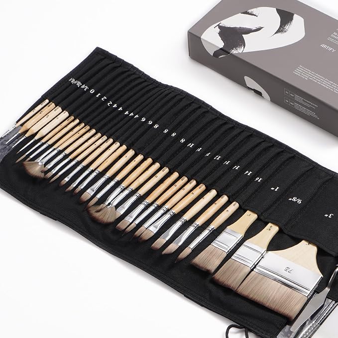 ARTIFY 30 Pieces Professional Paint Brush Set – Expert Series Synthetic Nylon Brushes for Acrylic, Oil, Watercolor, Gouache – No Shedding, Canvas Roll Case & Palette Knife, Artist Gifts Art Supplies