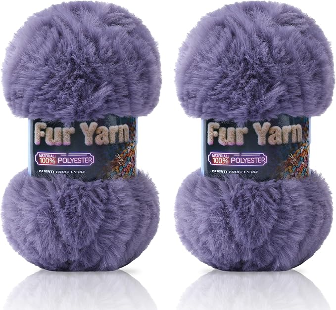 Faux Fur Yarn Soft Fluffy for Crocheting - 2 Skeins(Each 3.5oz/100g, 71yd/65m) - Chunky & Fluffy Yarn for Crochet Amigurumi, Blankets, Hand Knitting, Scarves &Crafts (2, Purple-Gray)