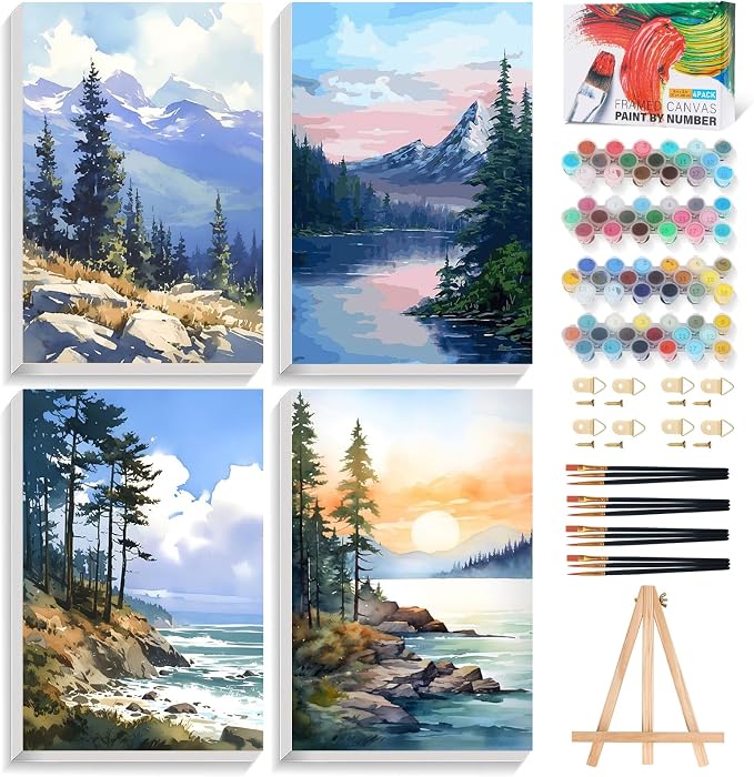 4 Pack Framed Paint by Numbers Kit for Adults Landscape with Wooden Easel | With Frame Canvas 8x12 IN, For Adults Beginner, DIY Acrylic Painting Mountain, Stress Relief Craft Kits, Home Wall Decor Gift
