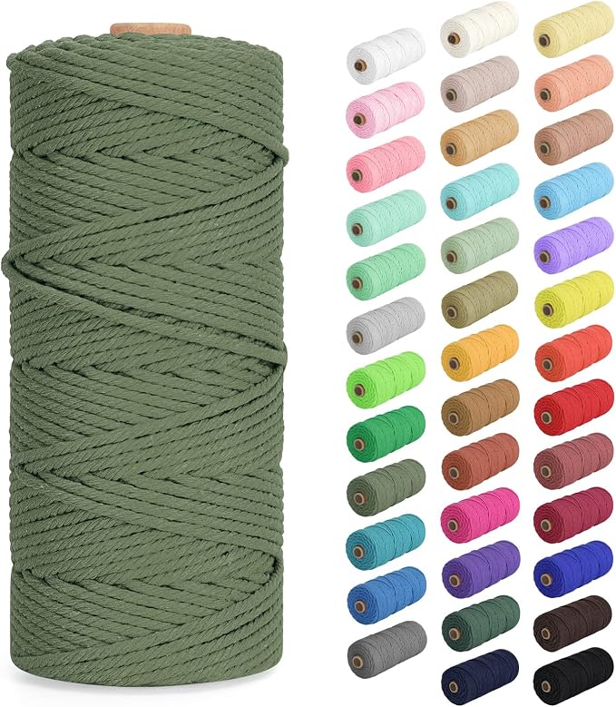 Macrame Cord 3mm x 109Yards (328Feet), Natural Cotton Macrame Rope - 4 Strands Twisted Macrame Cotton Cord for Wall Hanging, Plant Hangers, Crafts, Gift Wrapping and Wedding Decorations, Army Green